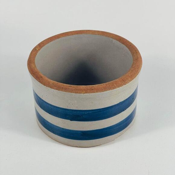 Vintage Rustic Butter Crock Blue Striped Small Stoneware Container - Picture 5 of 5